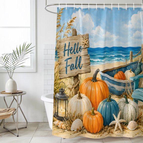 60x72 Inch Shower Curtains for Bathroom, Fall Coastal Pumpkins Fabric Bath Curtain Decor, Thanksgiving Nautical Beach Waves Waterproof Restroom Curtains Shower Set Accessories with 12 Hooks 60 Inch
