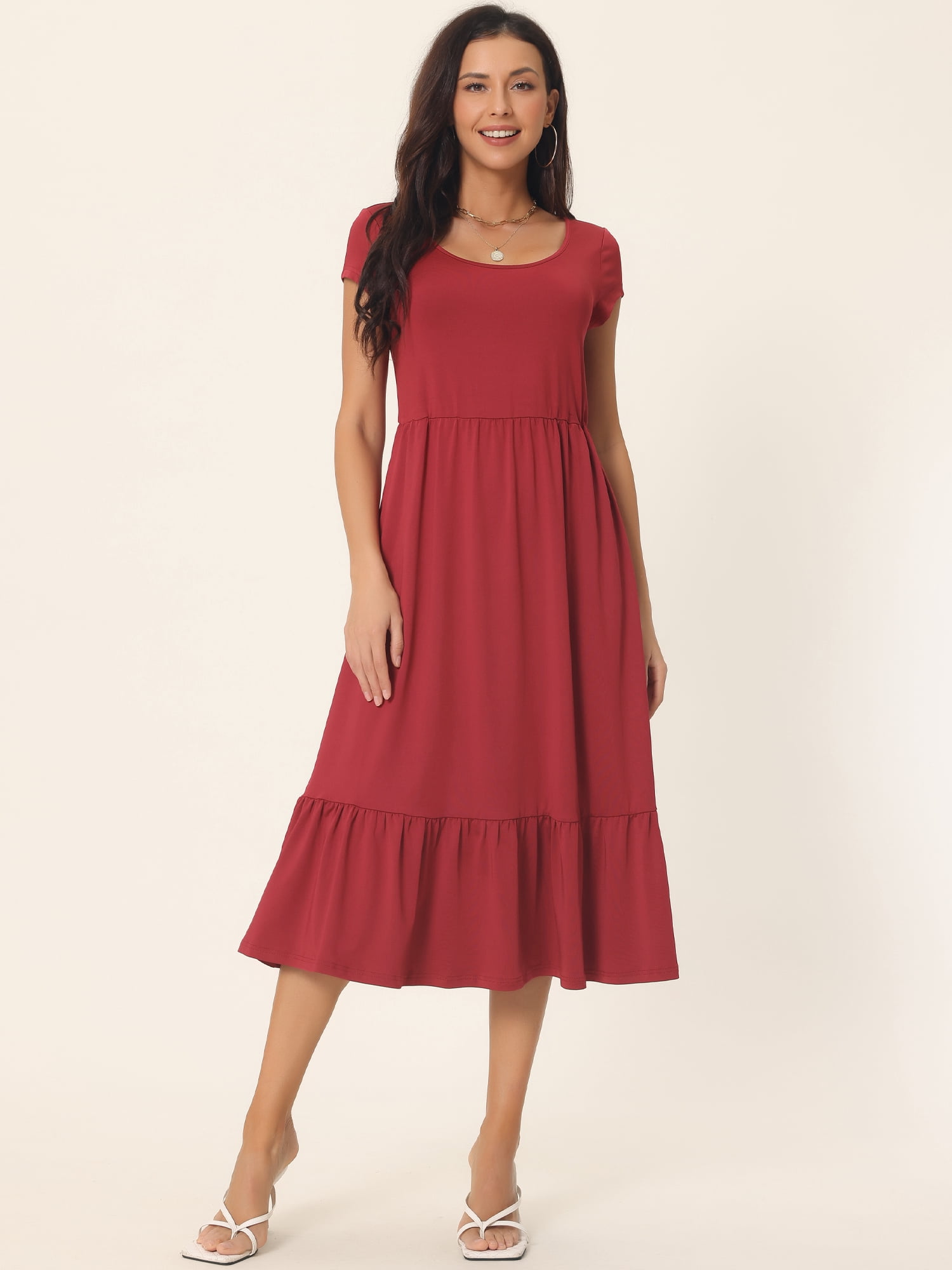 Unique Bargains Women's Tiered Round Neck Ruffle Hem Short Cap Sleeve Knit Midi Dress S Wine Red