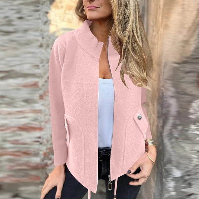 Blusa de poliéster para mujer, de manga larga, informal, sin capucha, con cremallera, deportiva, de color liso