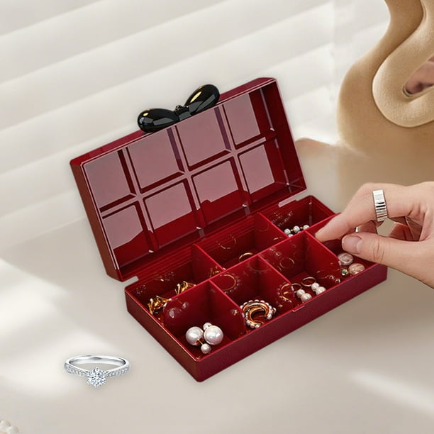 Organizador de Joyas Portátil con 8 Compartimentos, Estuche de Plástico para Guardar Pendientes con Tapa, Miniorganizador Duradero para Anillos, Cuentas y Ganchos (Blanco, Rojo y Verde)