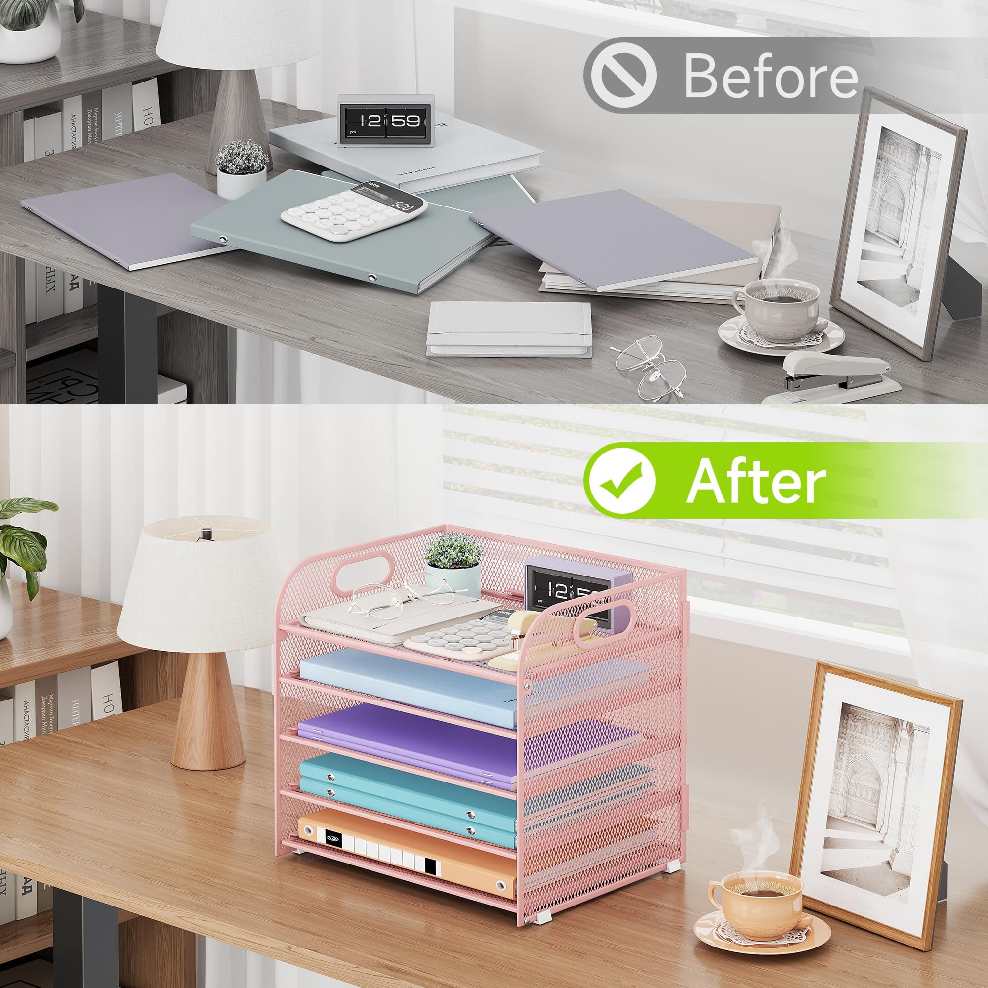 5 Tier Paper Organizer With Handle  Pink Metal Mesh Desk File Folder Letter Tray Desktop Document Sorter For Classroom School Office Accessories Organization And Storage