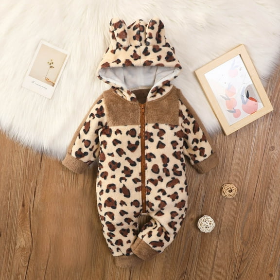 Lilgiuy Toddler Baby Boys Girls Leopard Plush Cute Bear Ears Winter Thick Keep Warm Jumpsuit Romper,Khaki,3-6 Months for 2022
