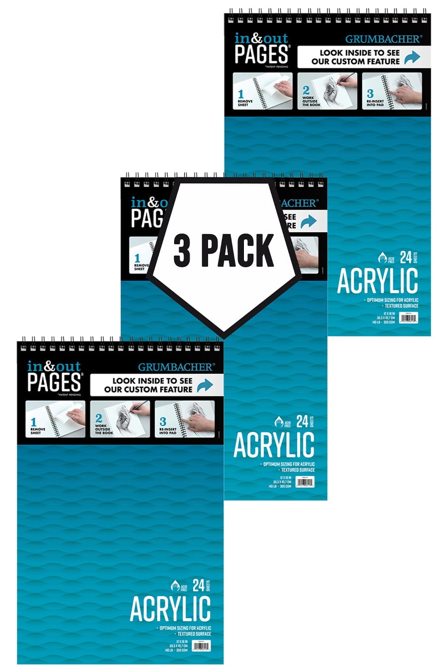 Grumbacher Acrylic 5.5" x 8.5"  Tape Bound Pad 140 lb. / 300 GSM 24 Sheets, 3 Pack