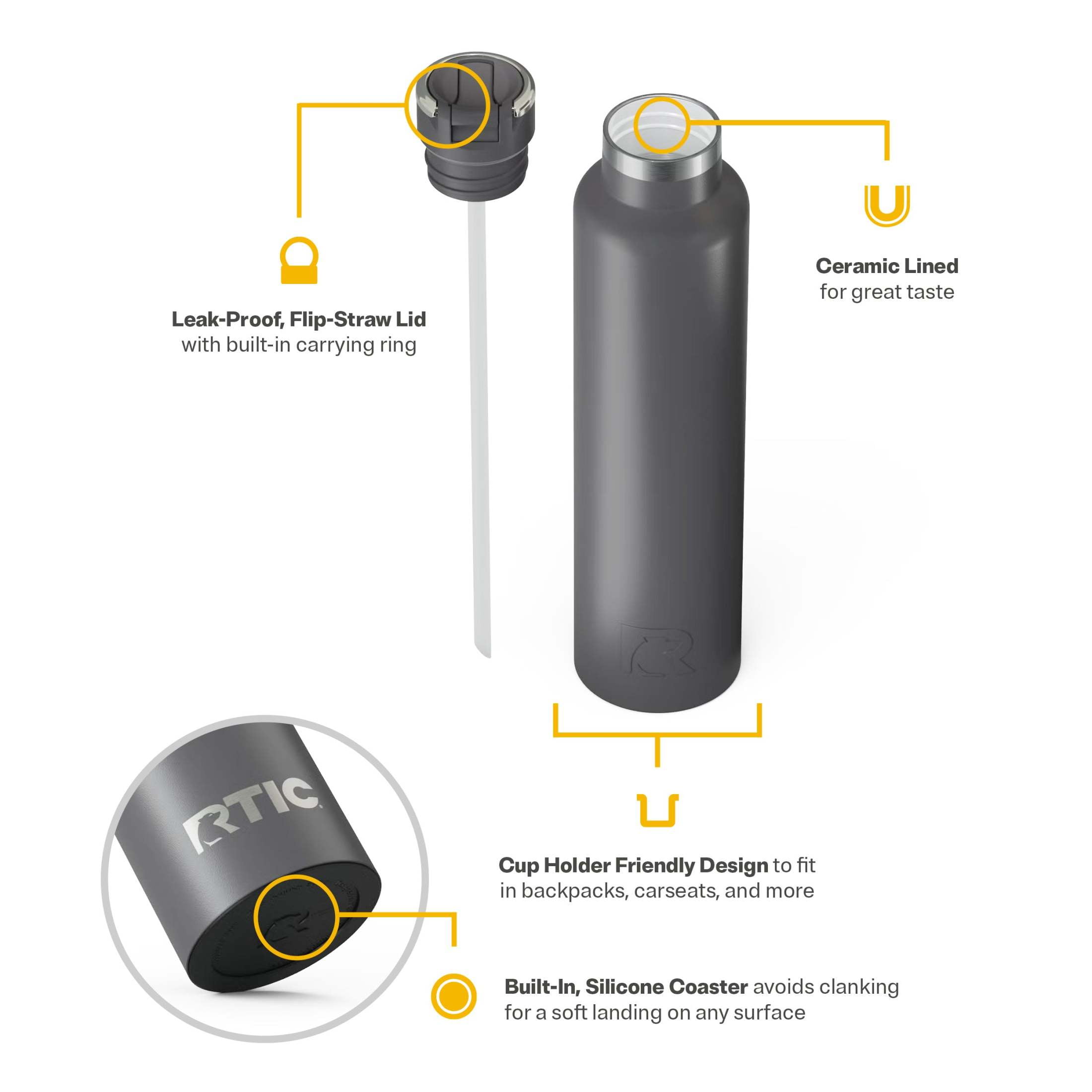 RTIC 26 oz Ceramic Lined Insulated Journey Water Bottle, Leak-Proof Lid, Graphite