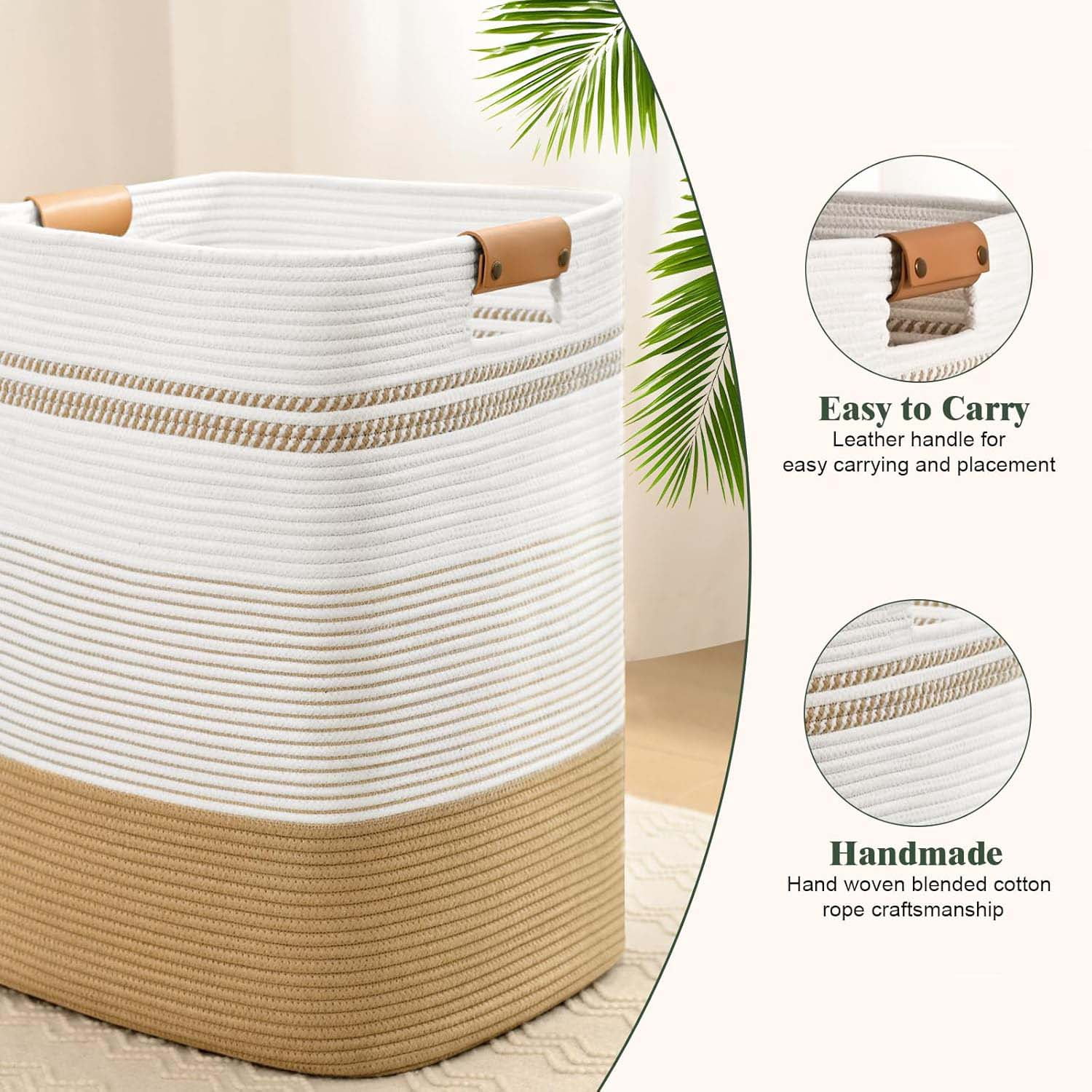 88L Tall Large  Laundry Basket with Leather Handles, ,Collapsible Laundry Hamper,Woven Laundry Baskets and Storage Hampers for Decorative Storage of Dirty Clothes, Toys, and Blankets