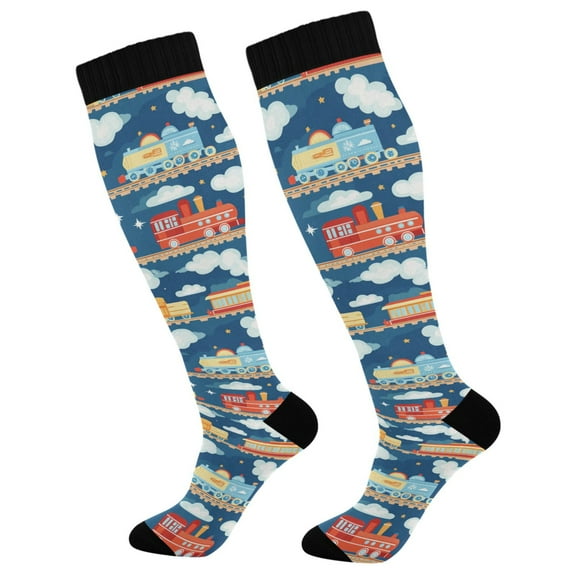 FORMRS Womens Knee High Socks Casual Long Thick Travel Daily Wear, 1 Pair, Blue Cute Train Pattern