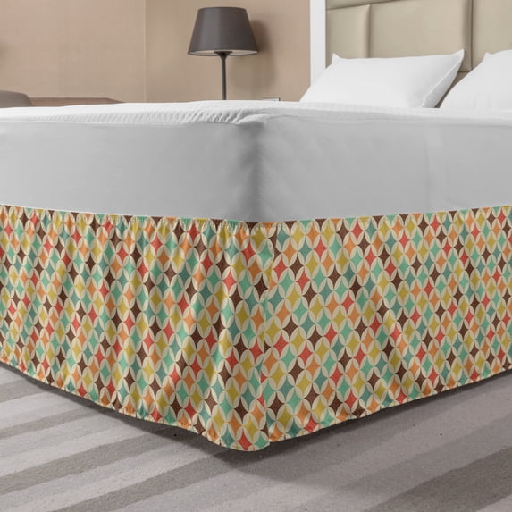 Brown and Turquoise Bed Skirt, Retro Look Geometric Pattern with Dotted Circular Shapes, Elastic Bedskirt Dust Ruffle Wrap Around for Bedding Decor, 4 Sizes, Champagne and Multicolor, by Ambesonne