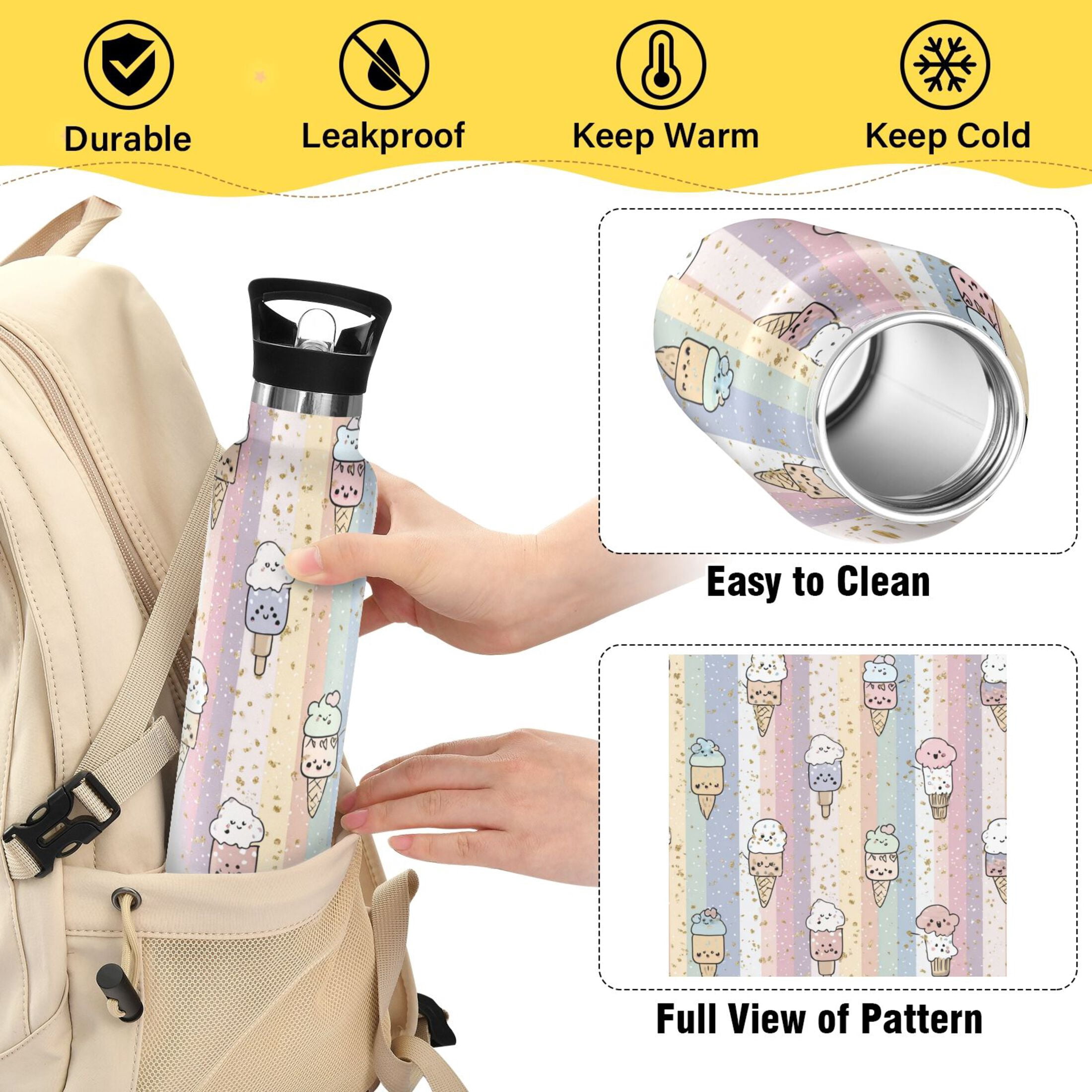 Kids Insulated Stainless Steel Sports Water Bottle 600ml Pastel Cartoon Ice Cream Pattern