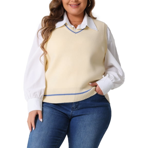 DARING DIVA Women's Plus V Neck Stripe Cable Knit Pullover Sweater Vest 1X Beige