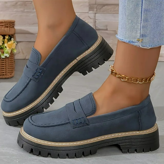 Liquidation d'Économies d'Été 2025! VOAVEKE Sandales pour Femmes, Sandales de Plage pour Femme, Chaussures Décontractées de Mode pour Femmes Printemps Rétro Effet Suédé Bout Rond Talon Épais Semelle Épaisse Mocassins Talon Moyen Bleu Foncé 6.5