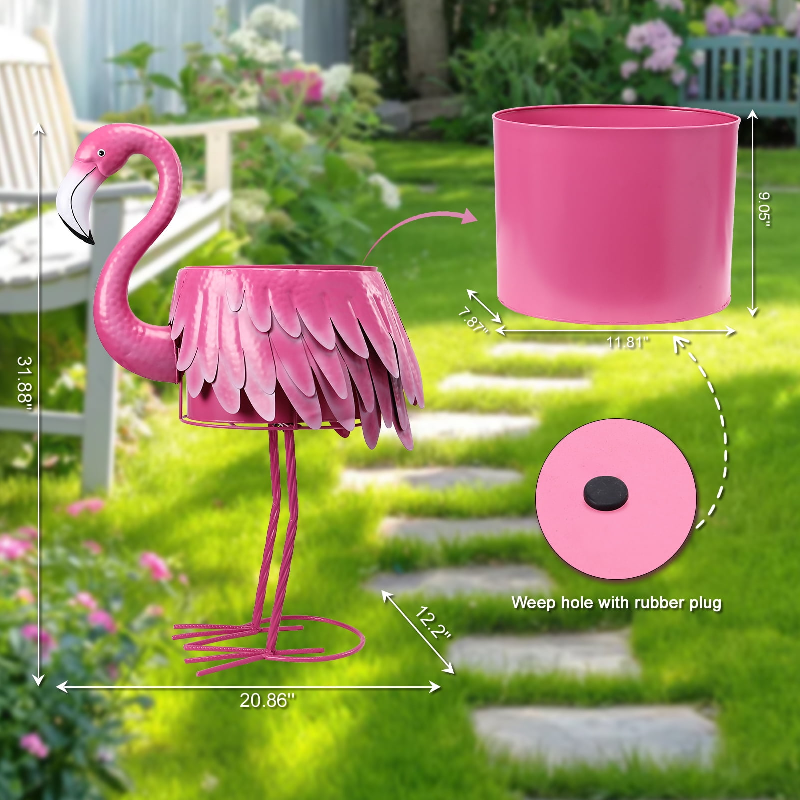 31 Inch Pink Flamingo Metal Planter – Decorative Flower Pot with Drain Hole, Indoor/Outdoor Accent for Garden, Patio & Poolside