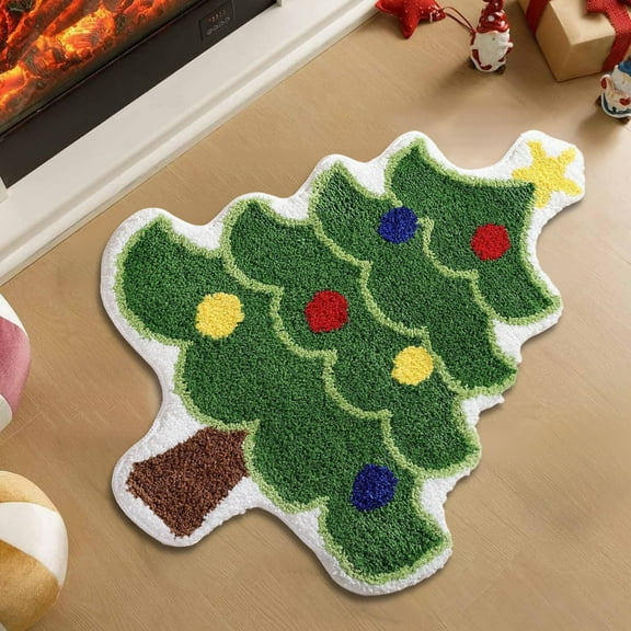 AuroraX Christmas Bathroom Rug Absorbent Cute Non-Slip Backing Bath Mat Rug Thick 19x31 Inch Machine Washable Contemporary Tufted Christmas Tree