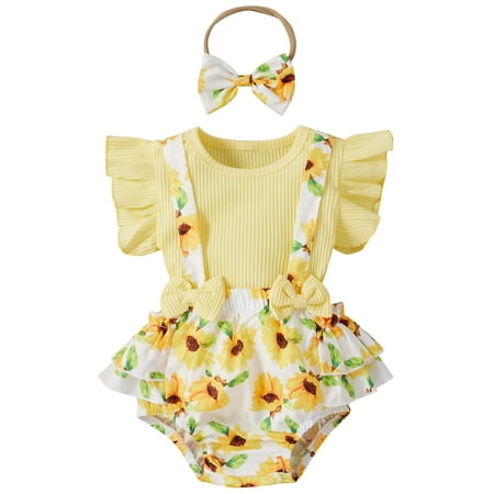 

Bmnmsl Baby Romper O-neck Flying Sleeve Tops Suspender Shorts Headband Set