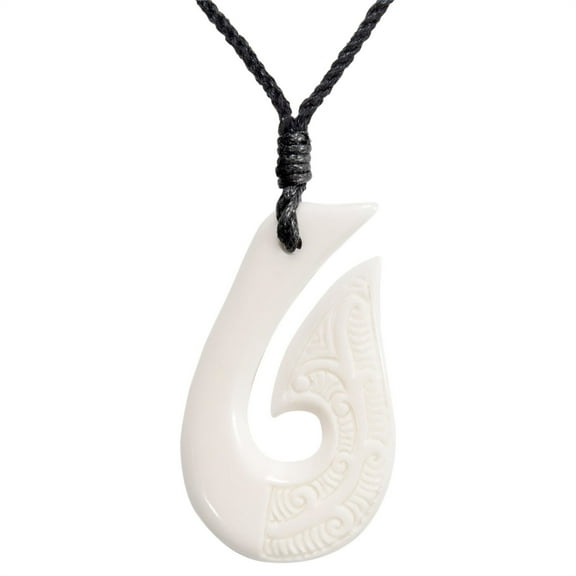 81stgeneration Hei Matau Fish Hook Bone Necklace - Hawaiian Hook Carved Bone Pendant with Engravings - Maori Style Taonga Amulet for Women - Men's Hawaii Necklace - Surfer Accessories
