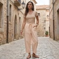 thumbnail image 4 of Inglocry Womens Faux Linen Striped Barrel Pants Comfy Drawstring Capri Pant Summer Beach Vacation Lounge Trousers with Pockets Beige L, 4 of 7