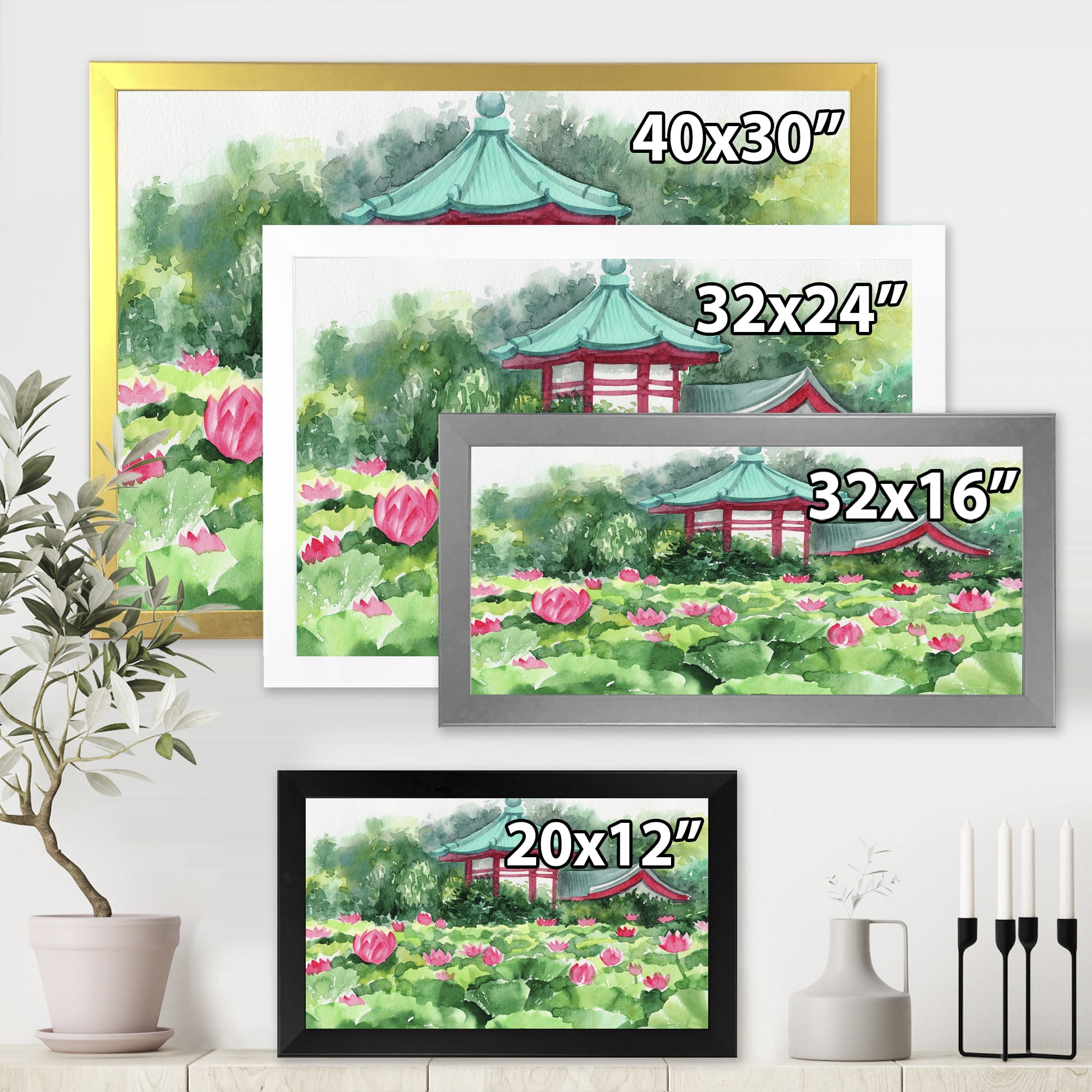 Designart 'Pagoda and Lotus Lake' Traditional Framed Art Print