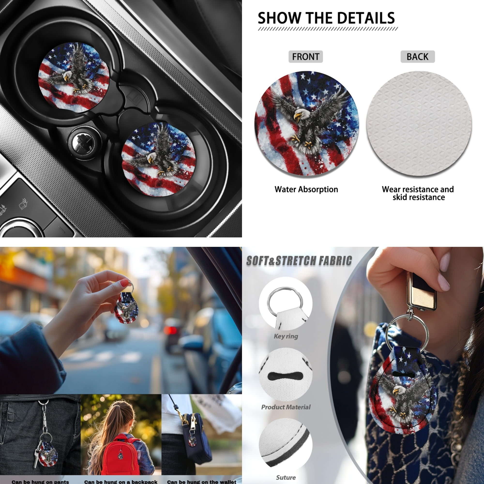 Jeiento Eagle Car Seat Covers Full Set Auto Interior Accessories 13 Pcs American Flag Car Accessories with Steering Wheel Cover, Seat Belt Pads, Armrest Cover, Keychains, Lipstick Holder