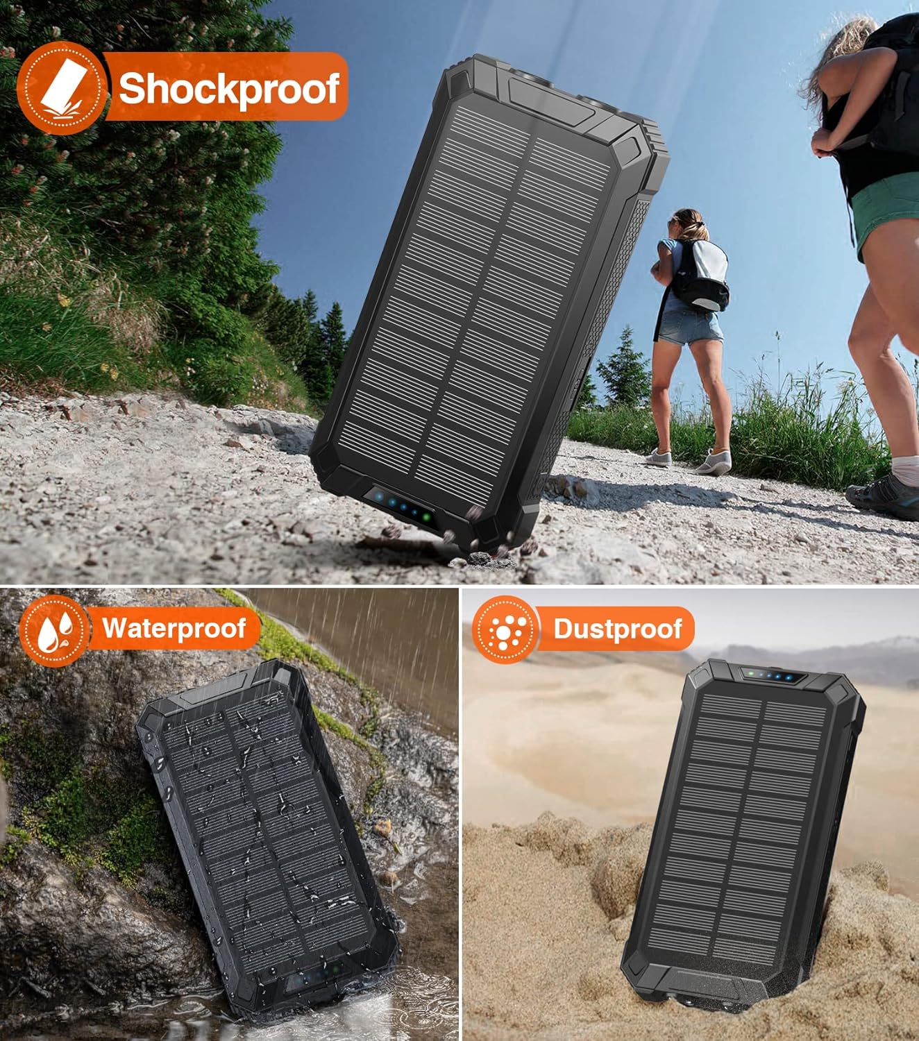 36000mAh Solar Power Bank, 15W Fast Charging, Wireless, 4 Built-in Cables, 6 Outputs, Dual Flashlights, and Carabiner – Compatible with All Mobile Devices