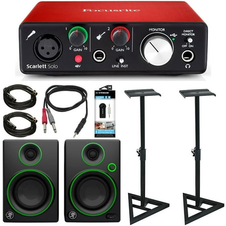 Focusrite Scarlett Solo USB Audio Interface (2nd Generation) With Pro Tools Bundle includes Mackie CR3 Speakers, TRS Cable, Bluetooth Audio Receiver, 2 Speaker Stands, and XLR