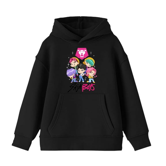 KPop Demon Hunters Saja Boys Kawaii Chibi Art Boys Black Long Sleeve Hoodie-Medium