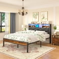 thumbnail image 3 of VECELO Queen Bed Frame with Bookcase Headboard, Metal Platform Bed with LED Light & Charging Station, Storage Bed with Heavy Duty Slats Support, No Box Spring Required, Brown, 3 of 8