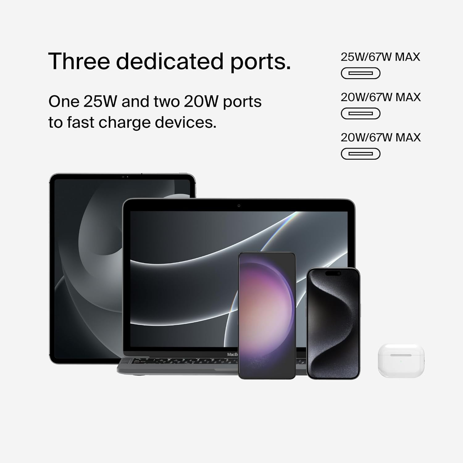 Belkin BoostCharge 3-Port USB-C Wall Charger with PPS 67W, USB-C PD 3.1 Enabled Fast Charging Charger for iPhone 16, MacBook Pro, AirPods, Galaxy, Nintendo Switch 2 & Other PD Enabled Devices - White