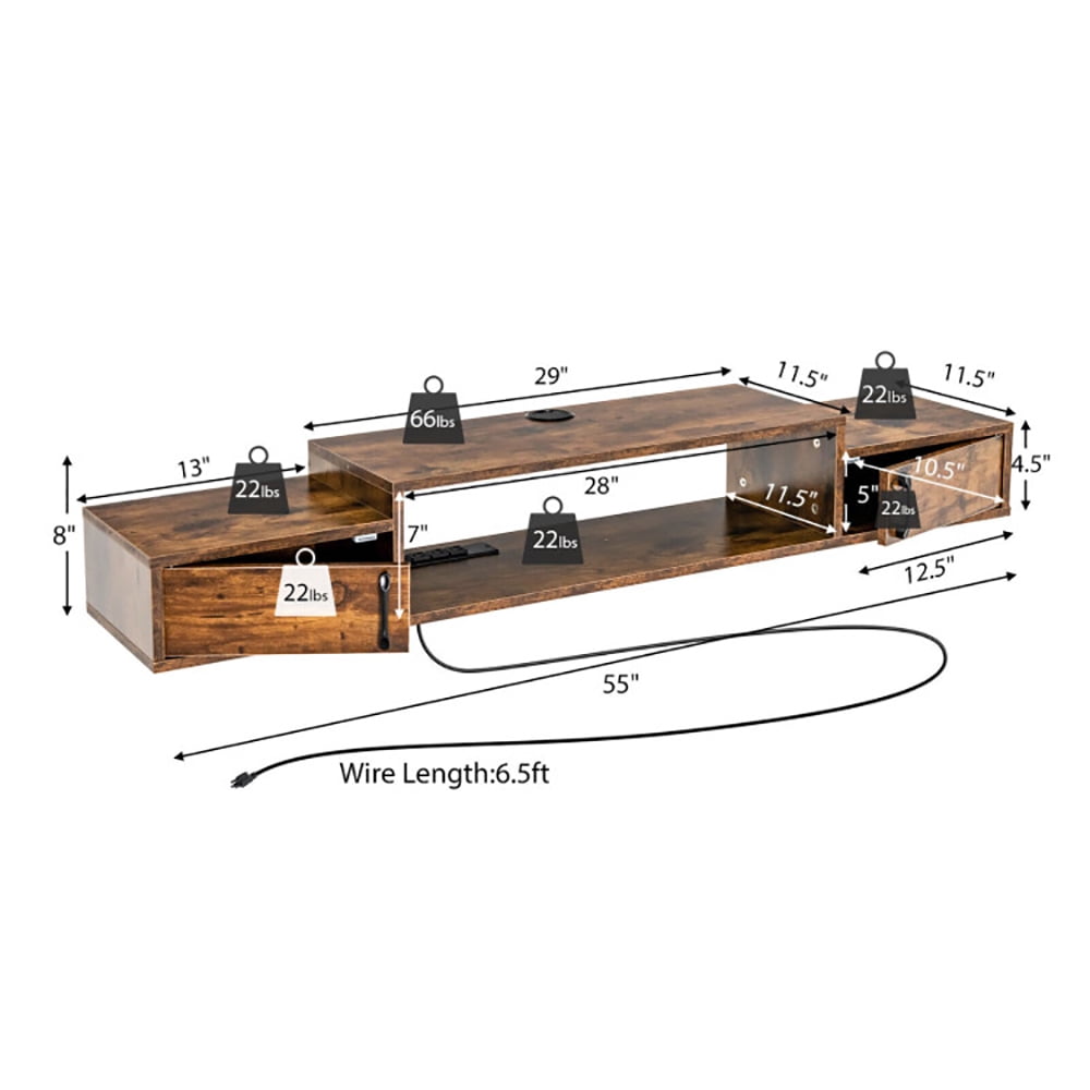 Finihen TV Stand, TV Cabinet, 55 Inches Floating TV Stand with Power Outlet, Media Entertainment Center with Storage, for Living Room, Bedroom, Rustic Brown