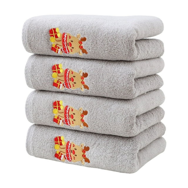 Grey Christmas Themed Embroidered Towels Set 4Pc Comfortable Household Cotton Towels With Holiday Designs For Bathroom Kitchen Home Decor 30.71X13.39 Inches Reindeer Pattern