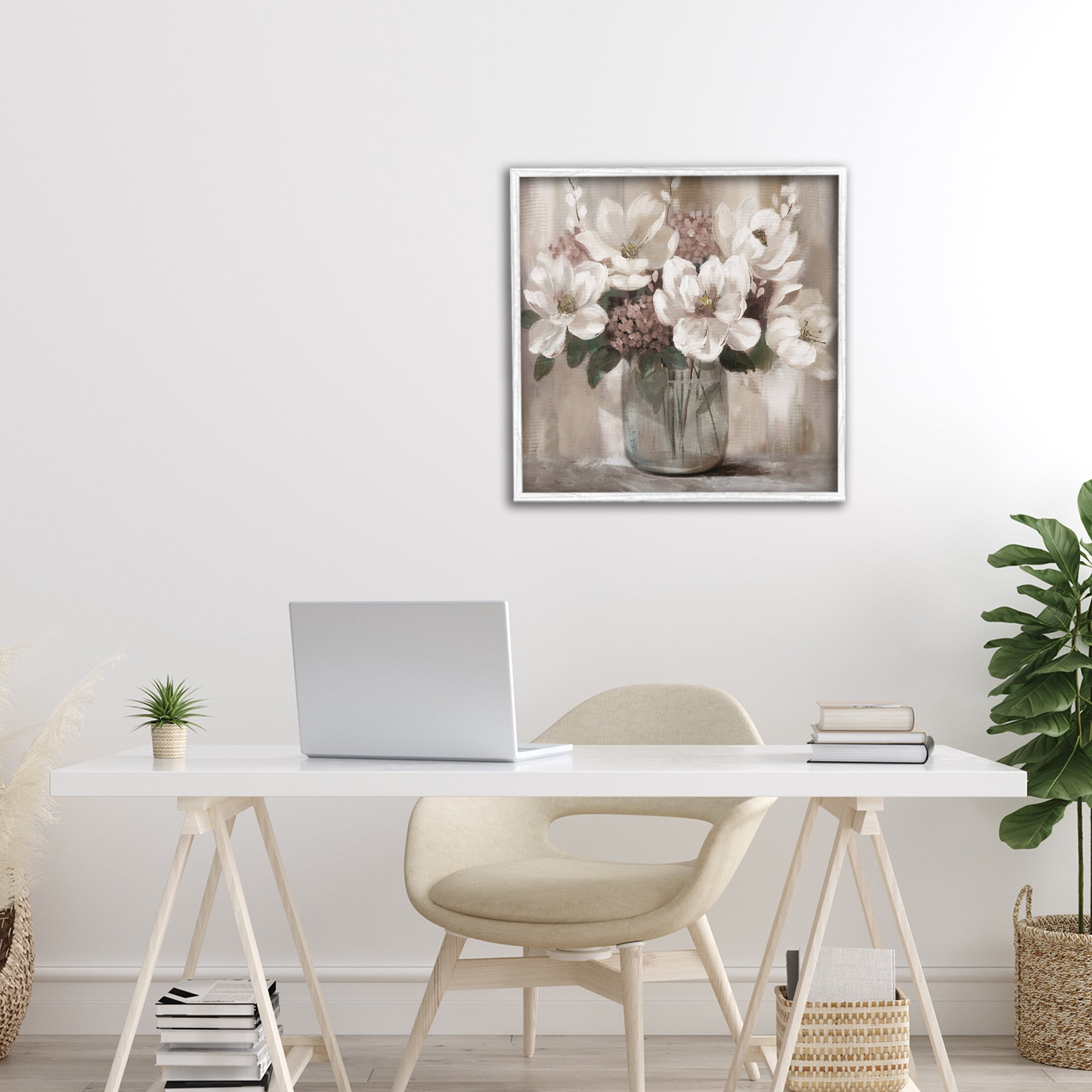 Stupell Industries Ivory Magnolias Vase White Framed Giclee Art, design by Nan