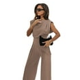 thumbnail image 2 of Women'S Round Neck Pleated Sleeveless Casual Suit,Sleeveless Crewneck Vest Wide Leg Pantsuit Business Sets with Pocket Khaki M, 2 of 8