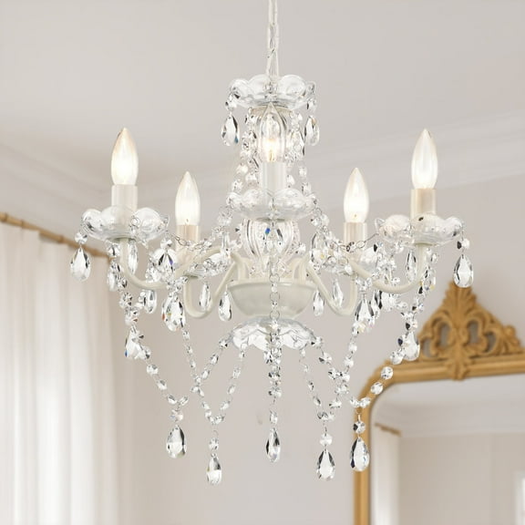 Small White Crystal Chandelier – Elegant 5-Light Acrylic Ceiling Light Fixture for Bedroom, Dining Room or Nursery Décor