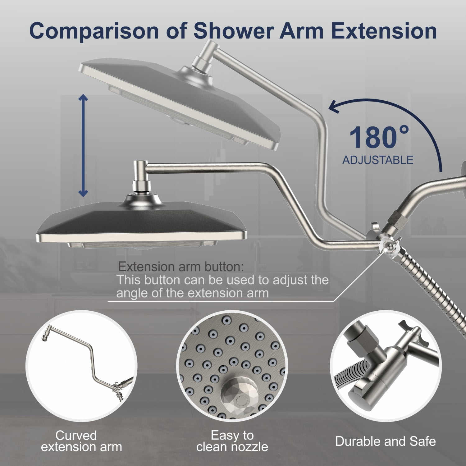 AUKTOPT Rainfall 5-Modes Spary 10 Inch Wall-Mount Showerhead Handheld Shower, Shower Head Combo with 60 Inch Hose, Extension Arm, Brushed Nickel