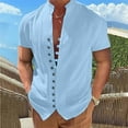 thumbnail image 2 of AHTJRT Men's Retro Stand Collar Short Sleeve Cotton Linen Shirt for Summer Beach and Casual Wear Light Blue 2XL, 2 of 6