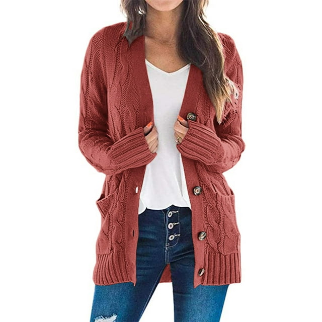 Jersey tipo cárdigan PRETTYGARDEN para mujer, tejido trenzado, color rojo, talla L