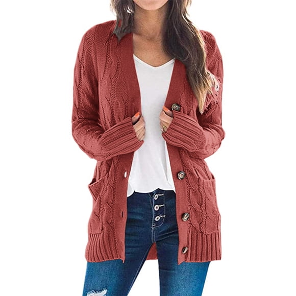 Jersey tipo cárdigan PRETTYGARDEN para mujer, tejido trenzado, rojo (M)