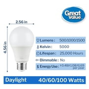 Great Value 3-Way A19 LED Light Bulb, 40/60/100 Watt Equivalent, Daylight, E26 Medium Base, 1 Pack
