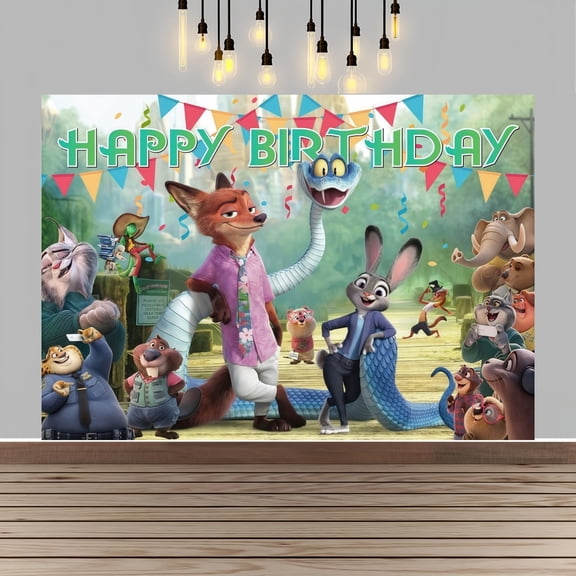Zootopia Happy Birthday Anime Cartoon Theme Backdrops Banner Birthday Party Decor Supplies(5x3ft)