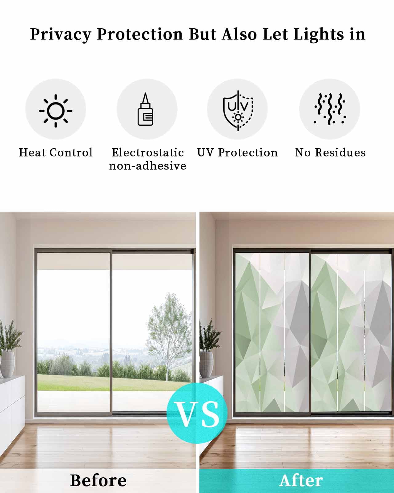 Window Privacy Film, Sage Green Grey Ombre UV Sun Blocking Window Tint Film Heat Control One Way Blackout Window Film, Geometric Gradient Marble Color Block Non Adhesive Static Cling 23.6x59 In