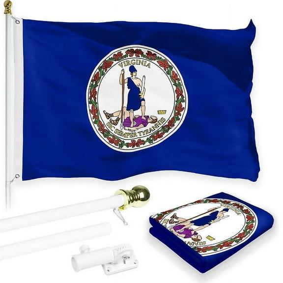 G128 Combo Pack: 6 Feet Tangle Free Spinning Flagpole (White) Virginia VA State Flag 3x5 ft Printed 150D Brass Grommets (Flag Included) Aluminum Flag Pole