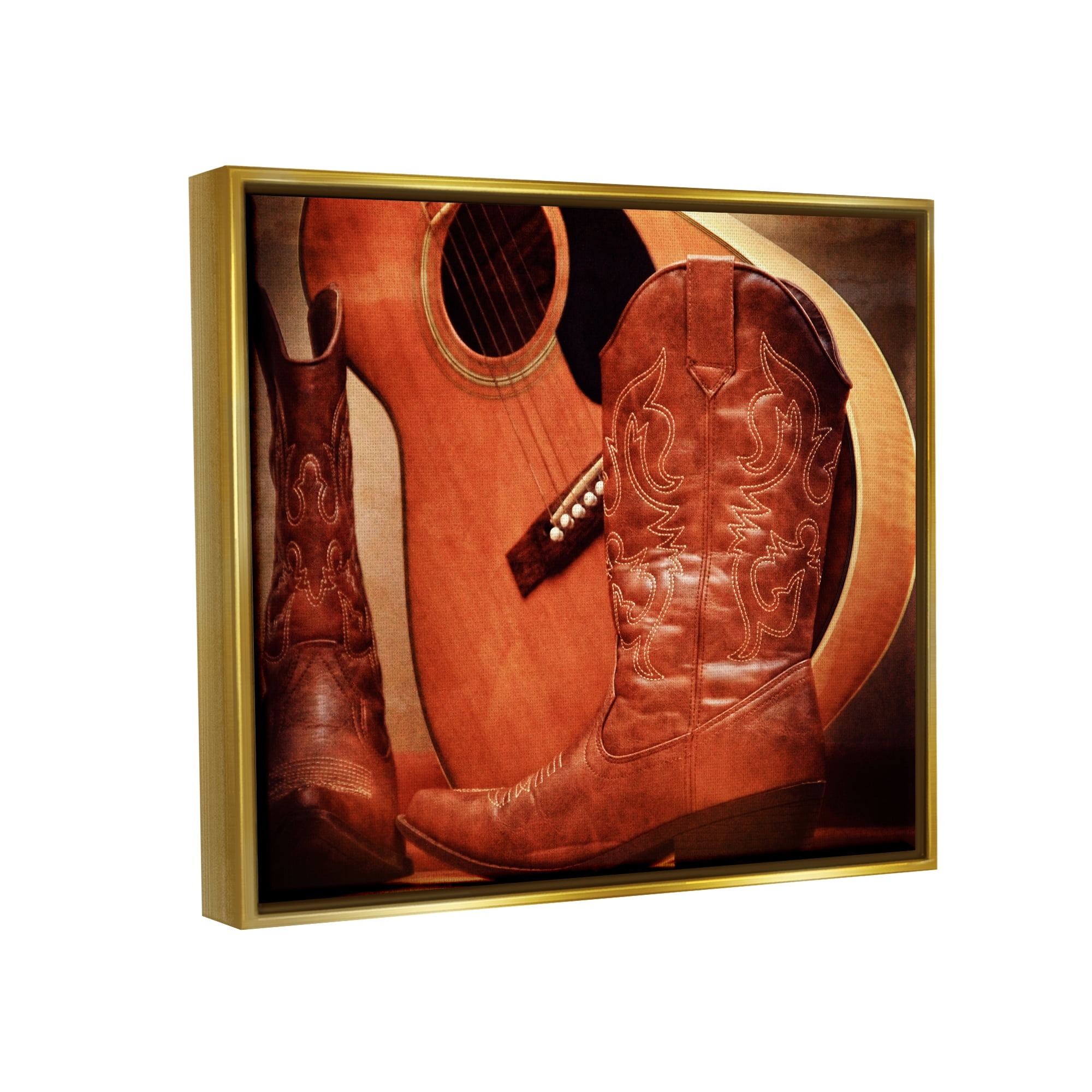Stupell Industries Guitar & Cowboy Boots Literature & Flim Photography Gold Floater Framed Canvas Art Print Wall Art, 21 x 17