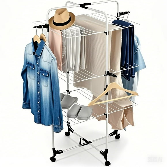 3 Tier Collapsible Laundry Drying Rack Stand, Clothing Garment Drying Station with Wheels and 4 Hooks for Bed Linen, Clothes, Socks