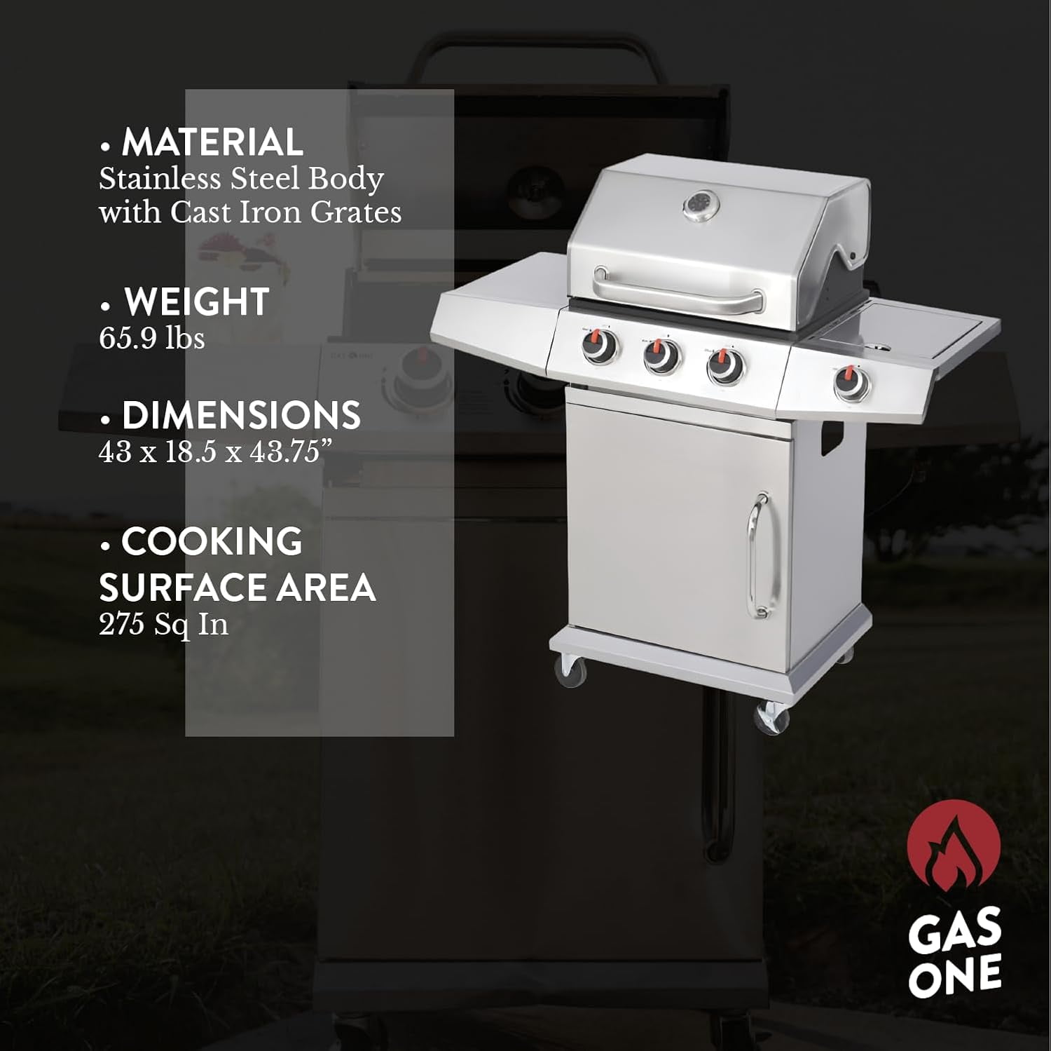 GasOne Deluxe 3 Burner Stainless Steel– Outdoor Cabinet Style with Side Burner - Wheels