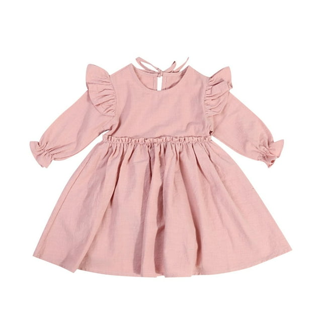 Odeerbi Niñas Ruffle Manga Larga Vestido de Algodón Primavera Verano Princesa Vestidos Color Sólido Cuello Redondo Dulce A-Line Vestido
