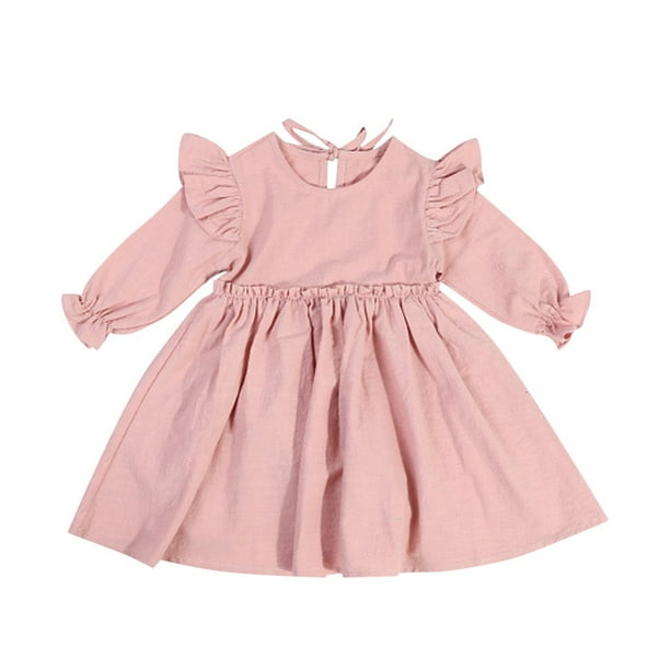Odeerbi Niñas Ruffle Manga Larga Vestido de Algodón Primavera Verano Princesa Vestidos Color Sólido Cuello Redondo Dulce A-Line Vestido