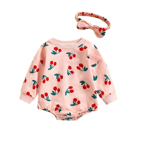 

Sunisery Kids Baby Girls Casual Romper Cherry Print Crew Neck Long Sleeve Jumpsuit with Hairband Clothes