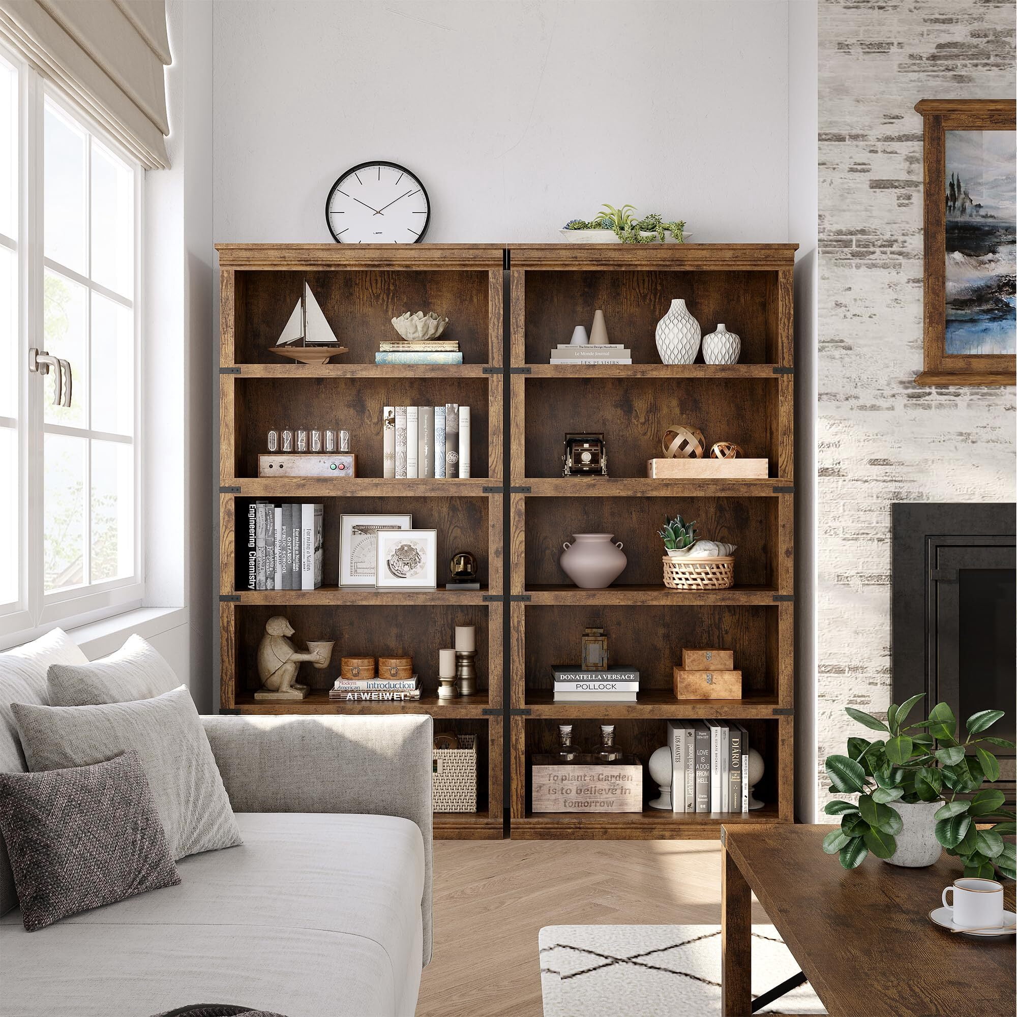 5 Tier Bookcase, Farmhouse Book Shelf with Storage, 71" Tall Book Case Wooden 5 Shelf Bookcase for Home Office, Living Room, Bed Room (Vintage, 67.4" H x 31.5" W x 12.8" D)