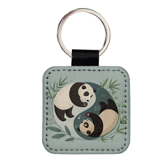 Two Pandas Yin Yang Cute Faux Leather Square Keychain