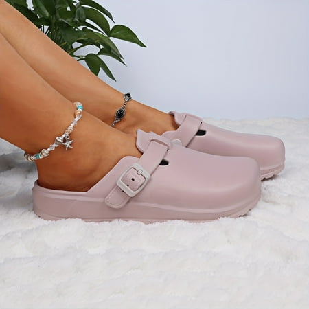 KINODAY Solid Color Clog Shoes - Stylish Buckle Strap Flat Sandals - Comfortable Adjustable & Easy-On Perfect for Everyday Wear