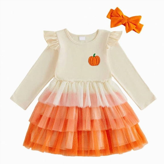 WUANDIXFA Fall Girls Dresses Cute Casual Patchwork Sheer Dress Pumpkin Little Dress,Orange,18-24 Months