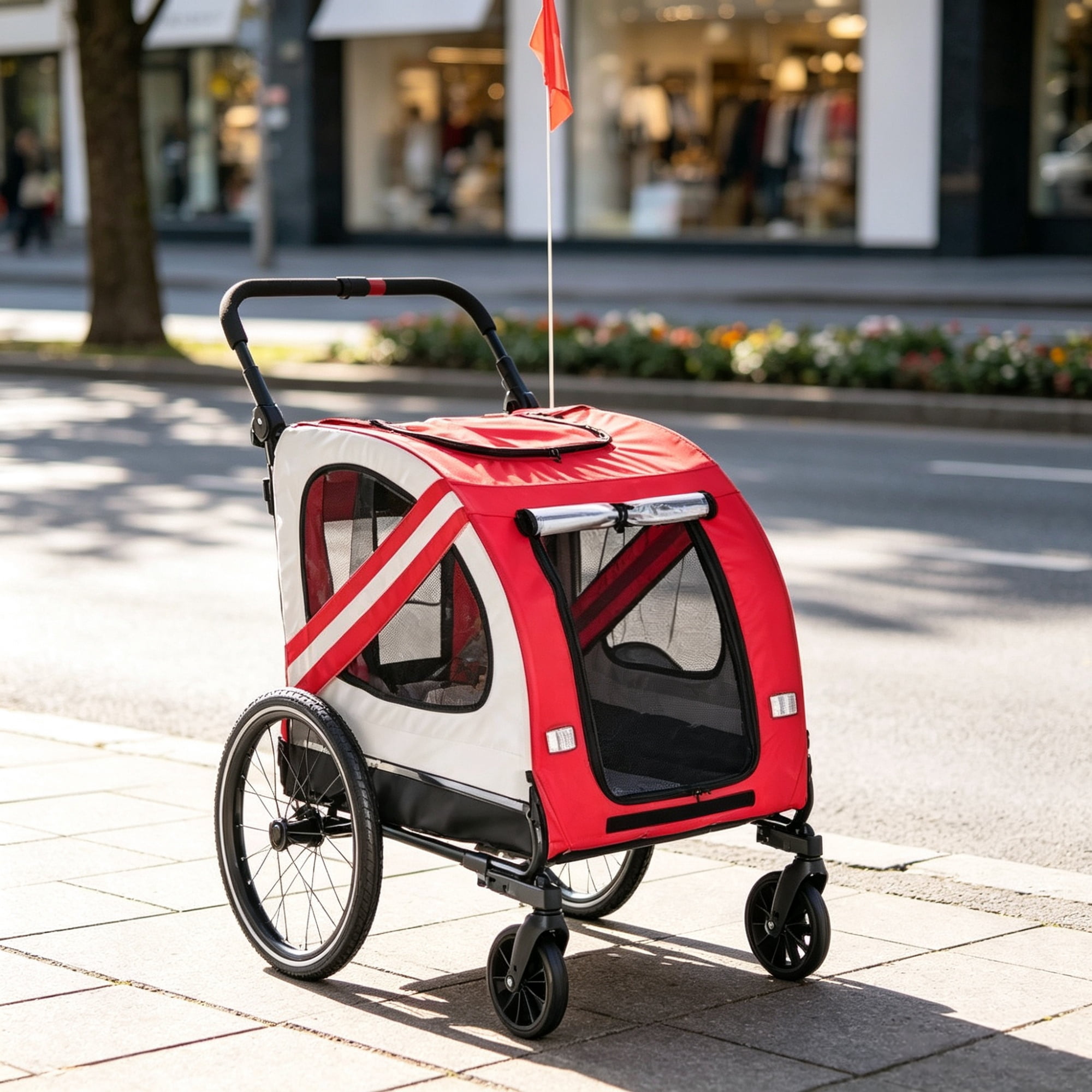 2-in-1 Red Dog Bicycle Trailer, Road-Visibility Reflectors, Weather-Strong Cover, as Pet Outdoor Travel Essential for Hiking Routes